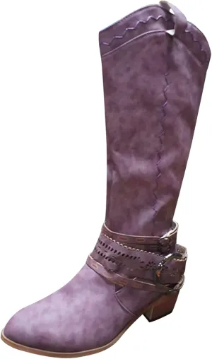 Knee High Boots Women Womens Fall Boots Cowboy Boots for Women Retro Chunky Heels Vintage Side Zipper Round Toe Boots