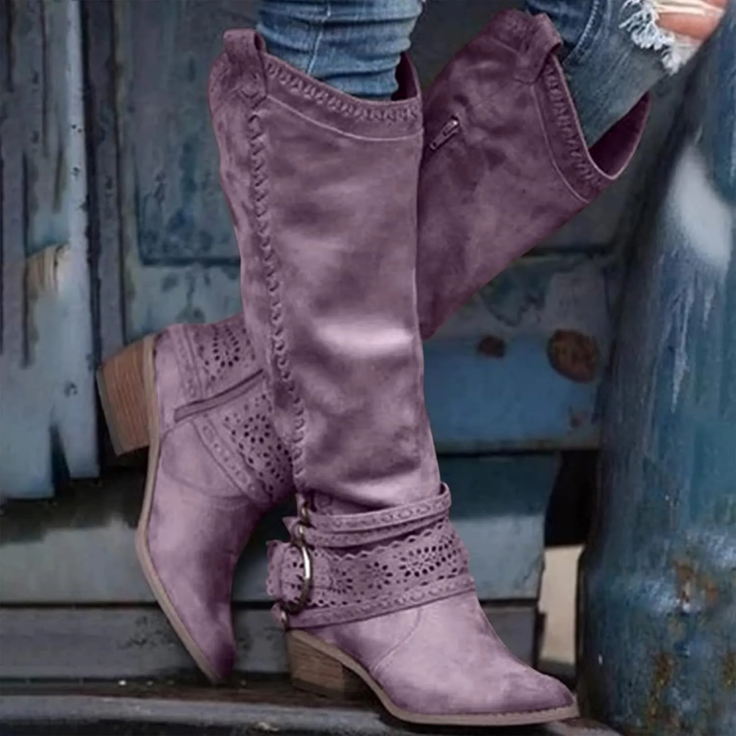 Knee High Boots Women Womens Fall Boots Cowboy Boots for Women Retro Chunky Heels Vintage Side Zipper Round Toe Boots