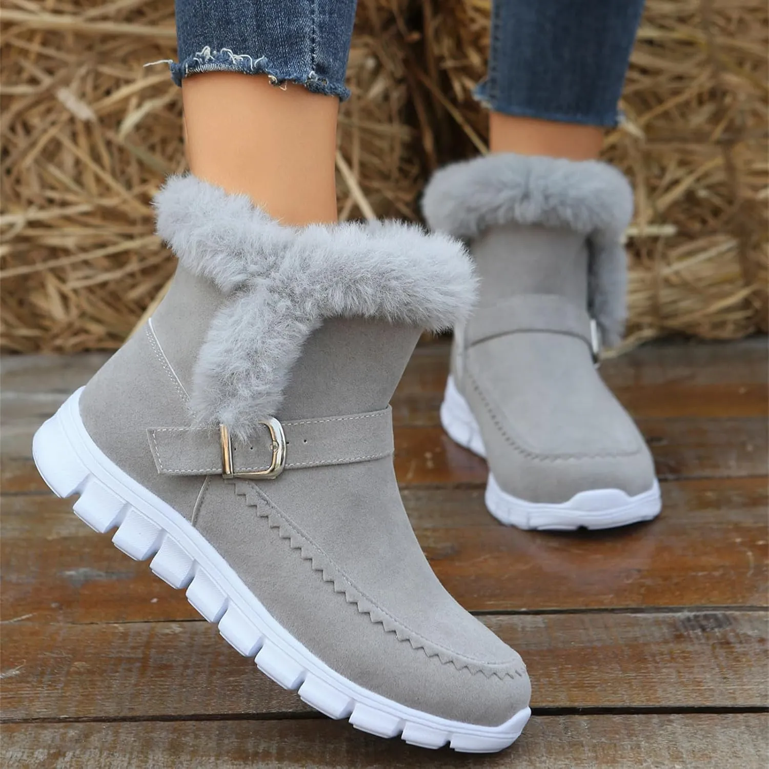 Ladmiple Snow Boots For Women Cute Wide Calf Warm Ankle Booties Comfortable Slip On Outdoor Fur Lined Walking Winter Shoes