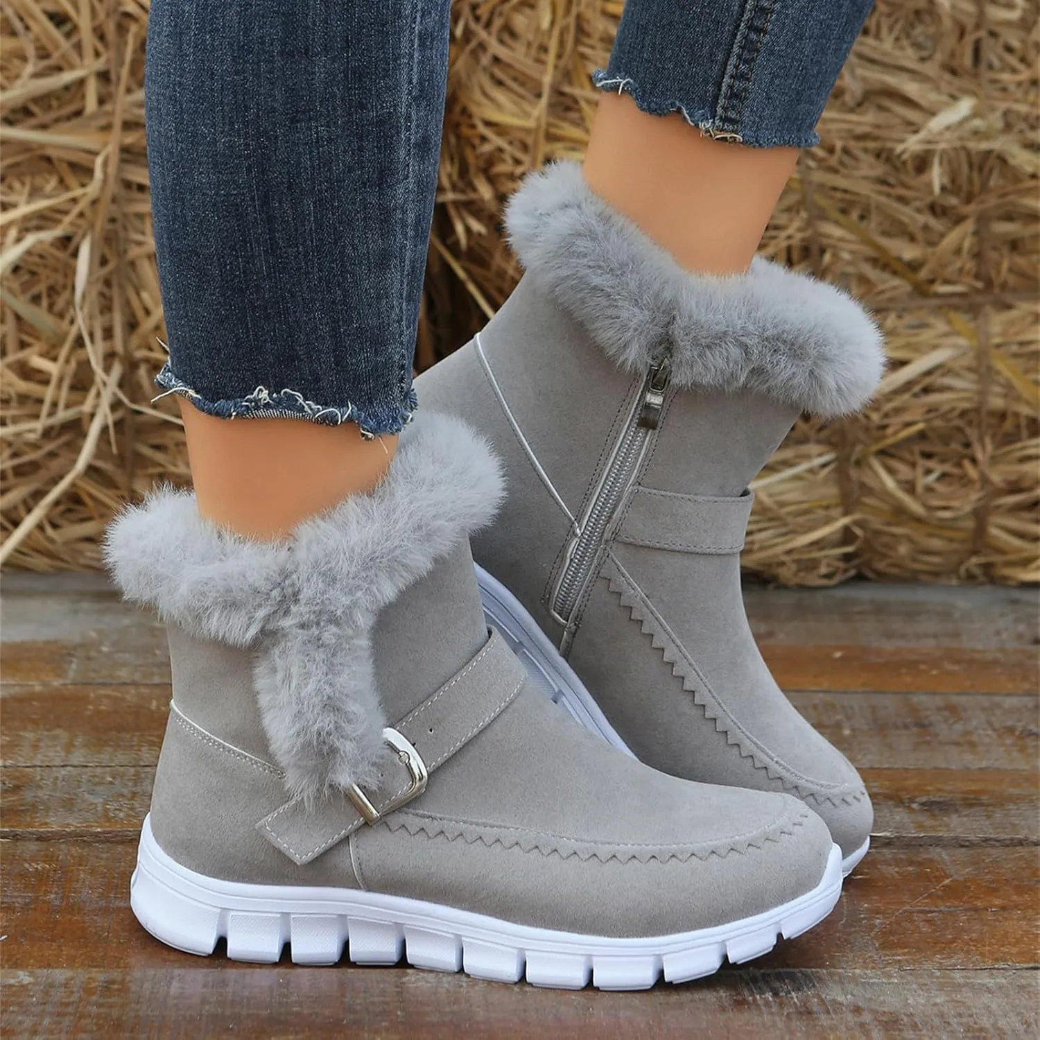 Ladmiple Snow Boots For Women Cute Wide Calf Warm Ankle Booties Comfortable Slip On Outdoor Fur Lined Walking Winter Shoes