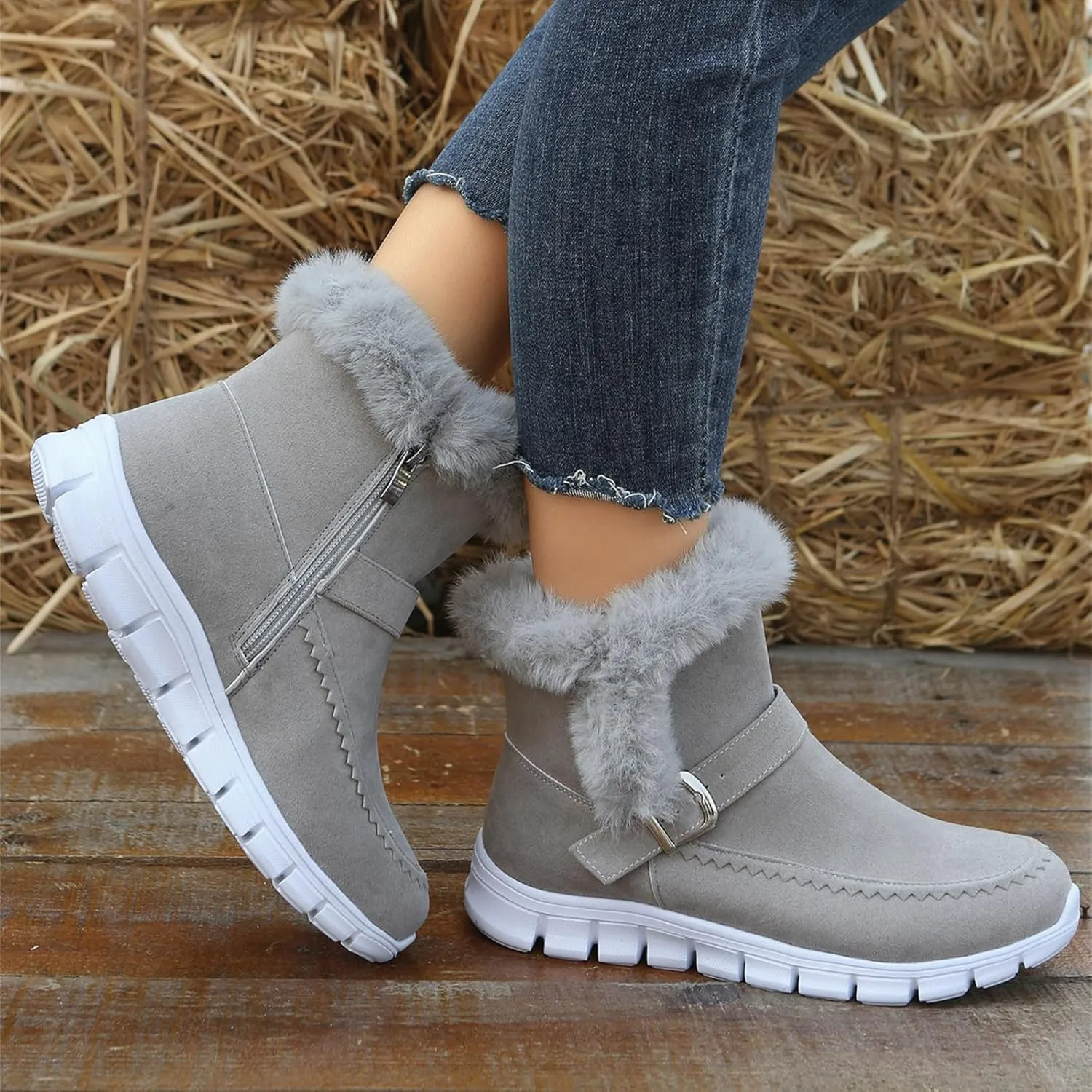 Ladmiple Snow Boots For Women Cute Wide Calf Warm Ankle Booties Comfortable Slip On Outdoor Fur Lined Walking Winter Shoes