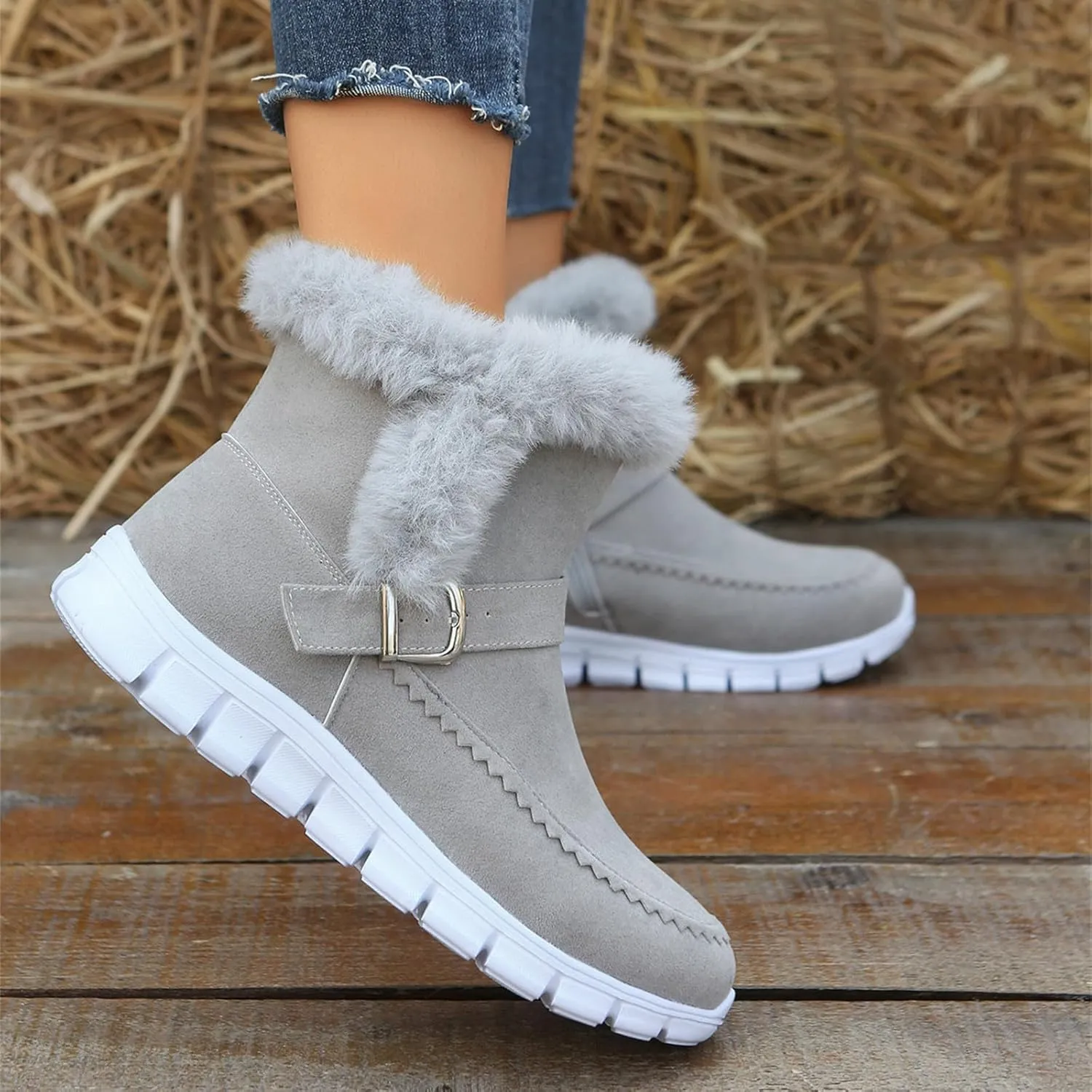 Ladmiple Snow Boots For Women Cute Wide Calf Warm Ankle Booties Comfortable Slip On Outdoor Fur Lined Walking Winter Shoes