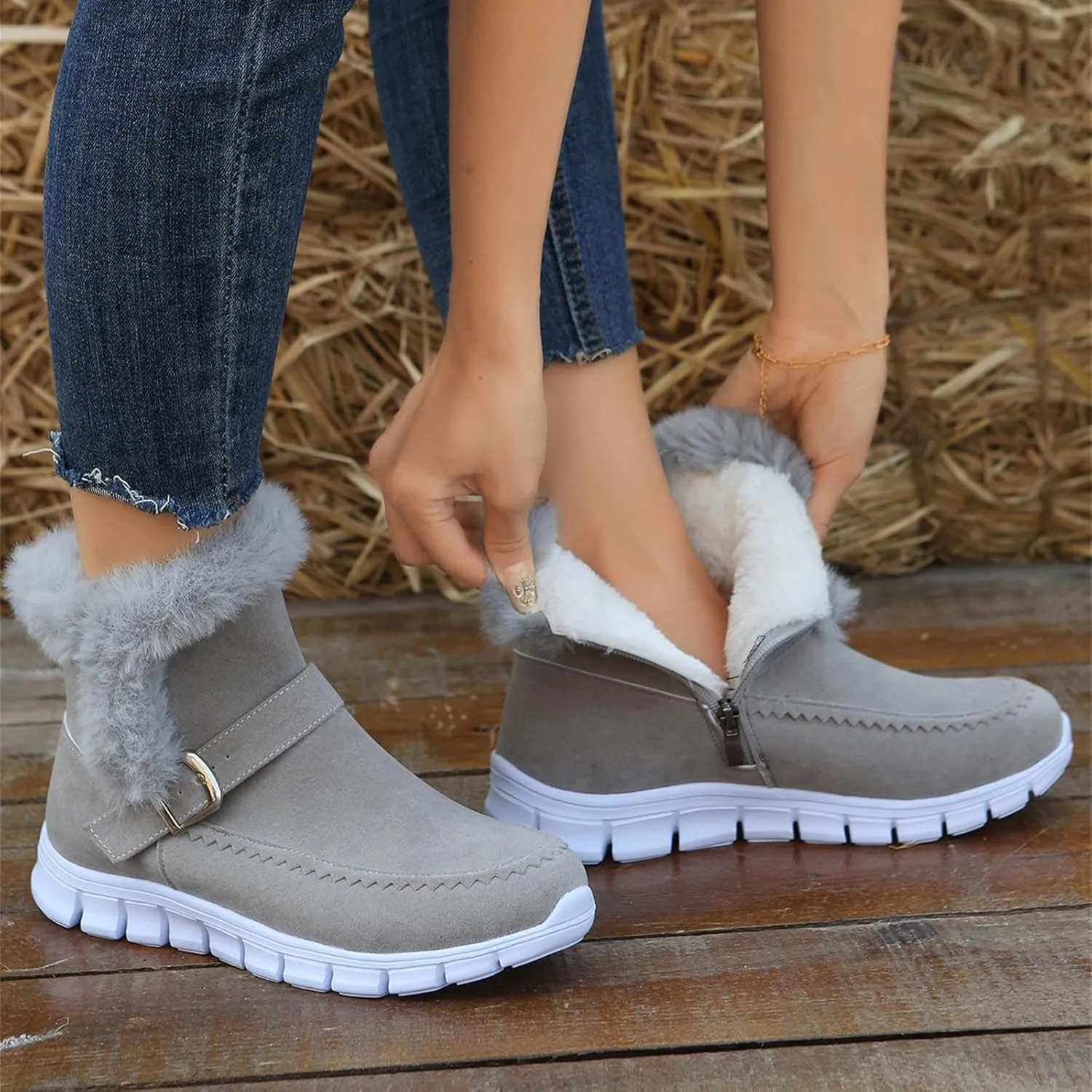 Ladmiple Snow Boots For Women Cute Wide Calf Warm Ankle Booties Comfortable Slip On Outdoor Fur Lined Walking Winter Shoes